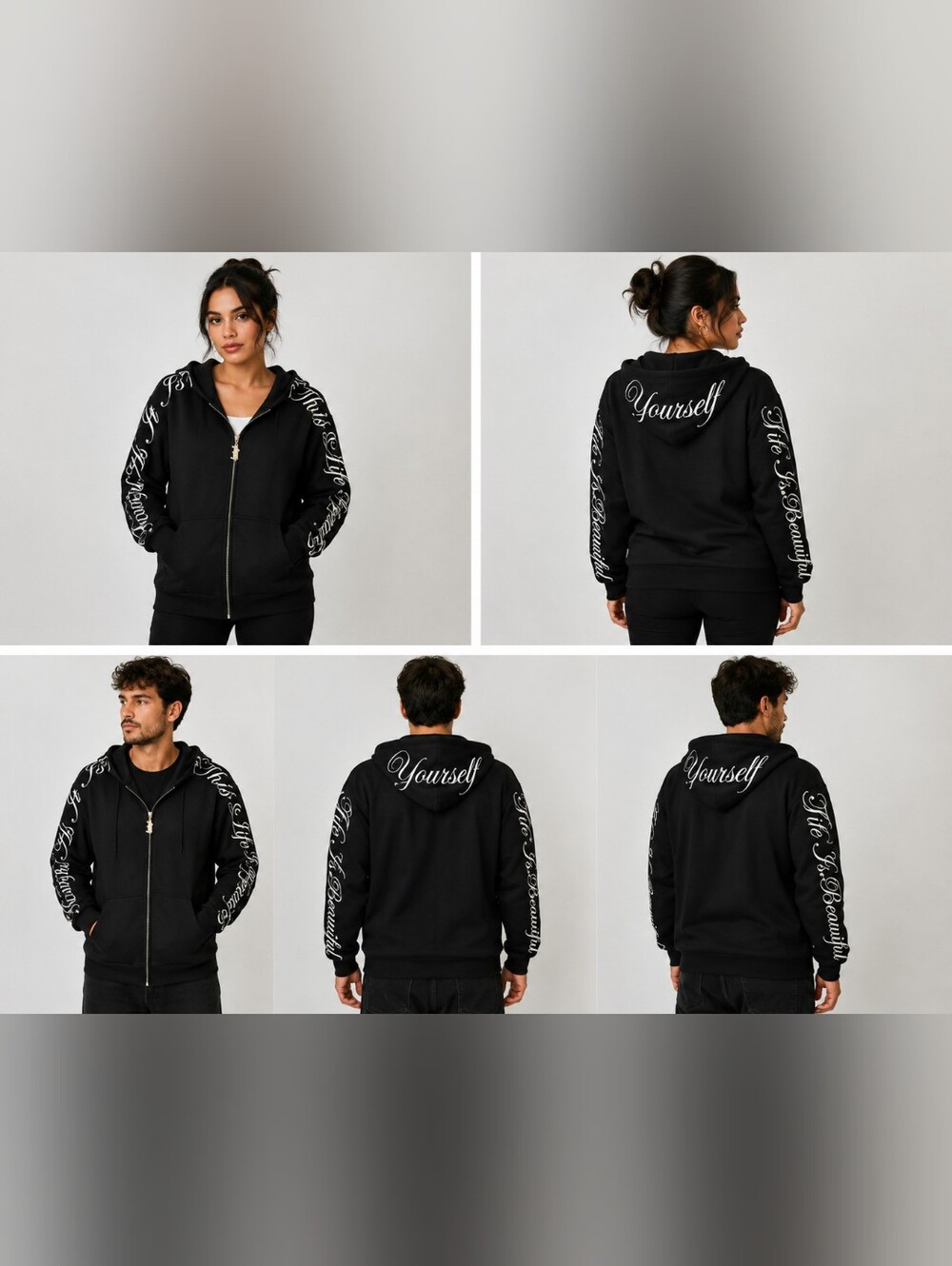 Yours Truly Phora Love Yourself Black Embroidered Zip Hoodie M Unisex NWOT